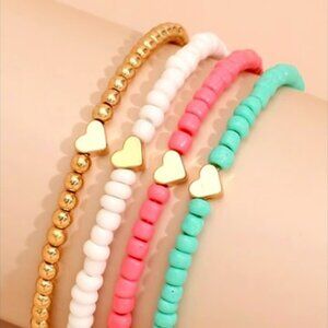 Beaded Stretch Bracelets with Heart Pendants 4 Piece Set